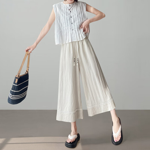Acht-Punkte-Yamamoto-Leinenhose für Frauen Eisseide Weitbein 2025 Sommer dünne hohe Taille Lose Drape hohl weit geschnittene Hosen Reis Aprikosenfarbe m