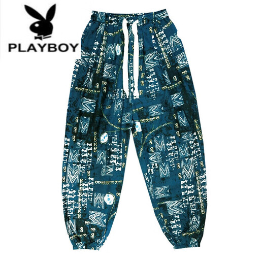 Playboy (PLAYBOY) linen summer men's printed bloomers loose trousers nine-point harem casual pants large size wind flower pants K299 Thai style blue 2XL [recommended 160-170Jin [Jin equals 0.5 kg]]