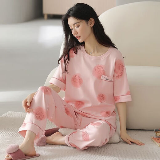 Meng Xinsheng Pyjamas für Frauen im Sommer im Sommer Pure Cotton Kurzärmelhosen Dünne Baumwoll-Sommer-Runde Hals-Kleidungsset können außerhalb von Hose mit Kurzärärmern getragen werden: YZT9720 m