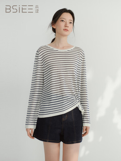 
BSIEE 2025 summer new round neck design with irregular long sleeve thin sweater pullover knit sweater Navy blue L