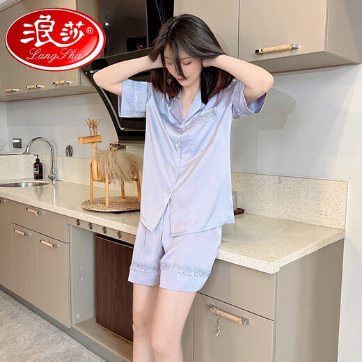 浪莎（LangSha）2025新款春夏季睡衣女短袖短裤开衫纯色简约仿真丝家居服套装外穿 YX-3937郁金香 2XL