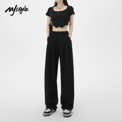 MJ STYLE wide-leg pants for women's summer thin high waist drape straight-leg pants narrow version casual pants versatile slim suit pants black L