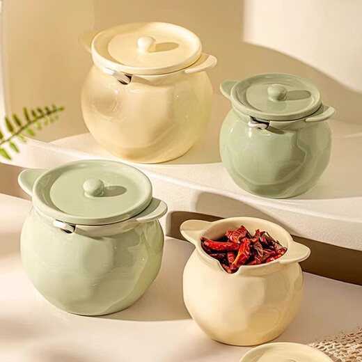 Modern Housewife Flat Lard Jar Household High Temperature Resistant Ceramic Kitchen Chili Oil Meat Oil Jar Seasoning Jar 700ML Cream Yellow High Temperature Resistant/Free Spoon
