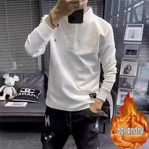 European station autumn and winter new handsome sweatshirt T men's trendy casual simple solid color embroidery trendy men's Henry collar long-sleeved T-shirt black plus velvet L