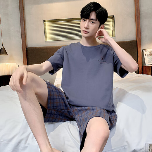
Yalu summer men's pajamas cotton plus fat plus size men's summer home clothes short-sleeved summer youth Korean style thin half-sleeved 9928 [H series men's short-sleeved shorts suit] L [100-125Jin [Jin equals 0.5 kg]]