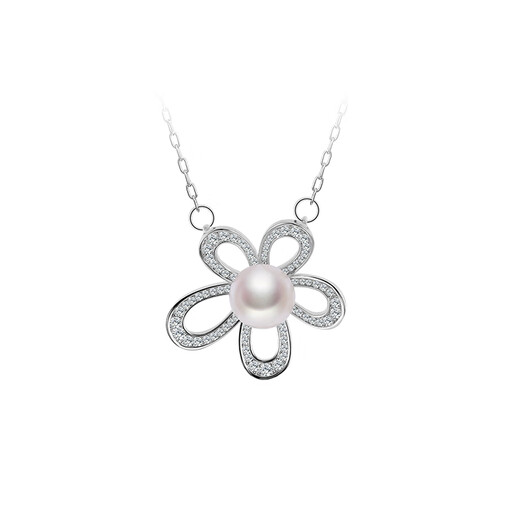 Oshiman Jewelry Oblate White Pearl Necklace Flower Shape Pendant Shining Side Stone Simple 925 Silver Sun Hwan