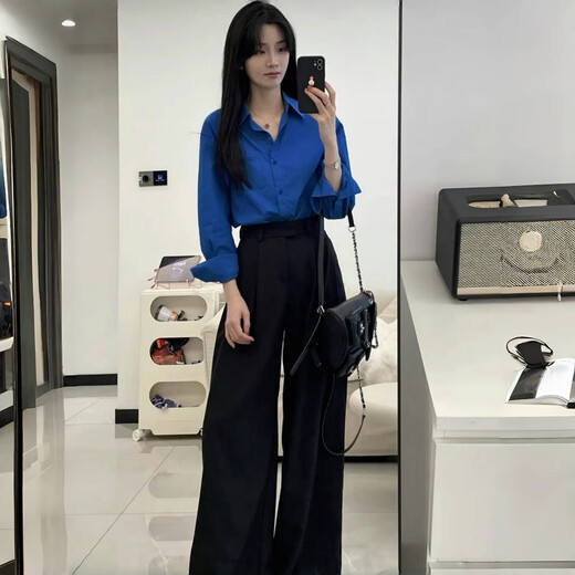 Jingdomeng 2026 Spring and Autumn New Klein Blue Long-Sleeved Shirt Jacket Women's French Style Loose Casual and Versatile Top Dark Blue L (116-125 Jin Jin equals 0.5 kg)