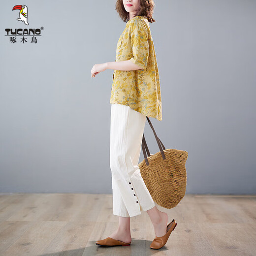 Versión coreana de Woodpecker Gran Traje de algodón y lino de algodón D para la carne de carne para mujeres Camisa impresa de dos piezas 2025 Summer New Fat M Girl Yellow XL Big