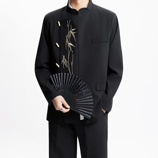 Mr. Lu's New Chinese Style Men's Dress for Engagement Irregular Suit Suit Chinese Style Stand Collar Golden Bamboo Embroidery Mao Suit Black (Suit/T01 White T/Trousers) XL