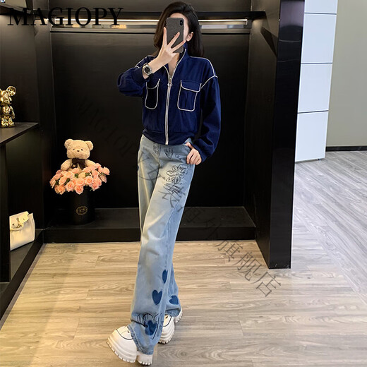 MAGIOPY国际奢侈高档品牌欧货时尚套装女2025春季新款酷飒风蓝色外套上衣 蓝色外套+牛仔裤 S(100斤以内)