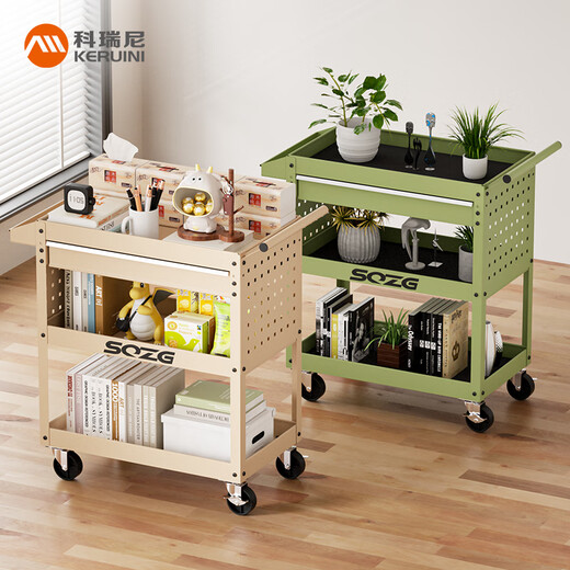 Oluoxun trolley commercial storage rack kitchen living room storage multi-functional trolley removable electric car three-layer tool cart basic model - Desert Yellow