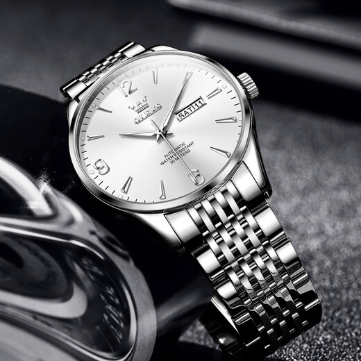 Olevs Geschenke Watch Herren mechanische vollautomatische einfache und modische Doppelkalender leuchtend wasserdichte lässige Geschäfte für Herren Uhr [einfacher Doppelkalender] 9928 Stahlstreifen Weiß 41 mm Zifferblattdurchmesser: