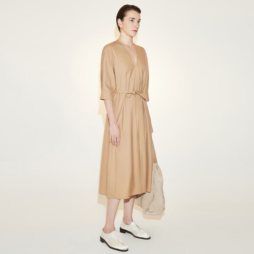 
LESS spring cotton skirt for women casual temperament V-neck waist short-sleeved dress 2N3G14110 254/paper brown XS