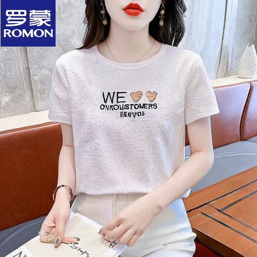 罗蒙（ROMON）夏季冰丝纯棉短袖上衣25新款新款T恤女装洋气宽松正肩刺绣上衣衬 6227粉红色 M (建议95斤到105斤)
