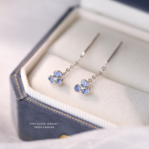 Nianfu blue iris flower earrings for women s999 pure silver pure silver ear wire ear piercing earrings earrings Mid-Autumn Festival gift for girls a pair of iris flower ear wire 999 pure silver