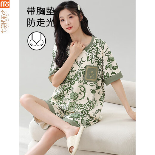 莫代尔睡衣女夏季2025年新款短袖套装带胸垫一体大码薄款韩版可外穿家居 GXT1047 M (建议75-95斤)