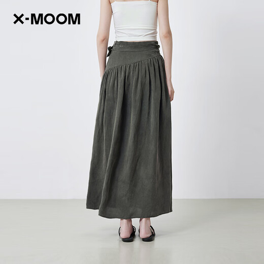 X--MOOM【商场同款】X--MOOM2025夏季新款设计感绑带A字裙中长半身裙女 墨绿 S