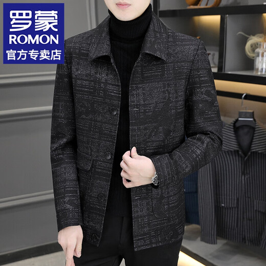 罗蒙休闲夹克外套男春秋百搭呢子商务大衣时尚通勤百搭翻领西装夹克衫 黑色 XL 推130-145斤左右