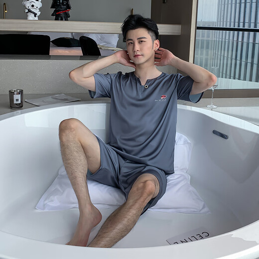 ZIPJBX夏季仿真丝睡衣男士夏款短袖短裤套头薄款冰丝绸男款休闲家居服套 开衫款9864-灰蓝色 L (100-125斤)