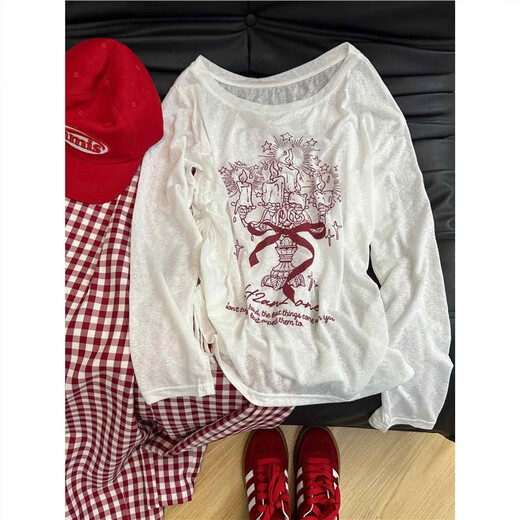 Weiße Graffiti Off-Shoulder Langarmed T-Shirt Sonnenschutzbluse für Frauen 2025 Neuer Sommer Dünner fauler Stil loser Top White Top XL