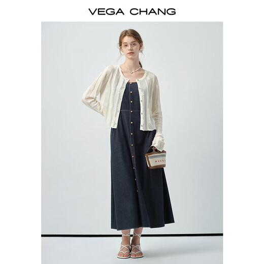 VEGA CHANG毛针织衫女2025新款夏季轻薄短款镂空蕾丝拼接开衫外套 米白色 L