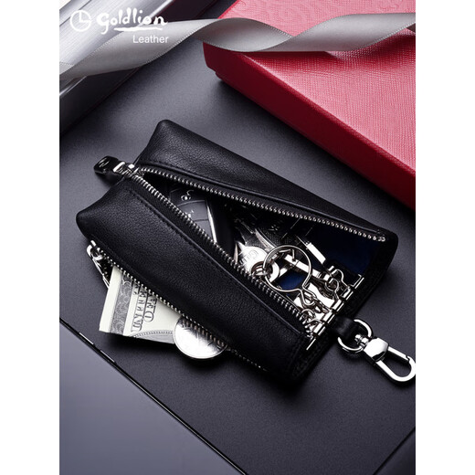 Goldlion key bag men's genuine leather zipper waist coupon wallet keychain cowhide cowhide general automobile keybag women's black [zipper opening and closing-5 keychains]