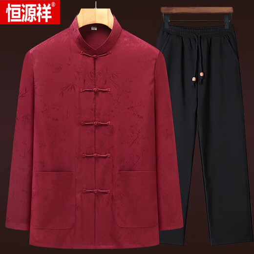Hengyuanxiang high-end long-sleeved Tang suit men's spring and autumn new middle-aged and elderly Chinese style grandpa suit elderly clothes men's red top XL recommended 145-160 Jin Jin equals 0.5 kg
