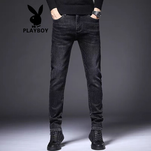 花花公子（PLAYBOY）香港高端黑灰色牛仔裤男修身小脚潮牌2025夏季新款弹力休闲裤子男 1049灰色 28