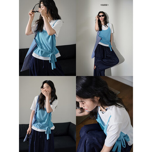 Couleur large (kuose) Jaune Faux T-shirt T-shirt Top Top début d'été 2025 Été Nouveau femme à manches courtes lâches Bleu clair 5012 M