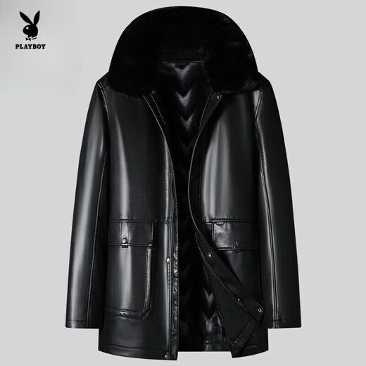 Playboy middle-aged and elderly men's genuine leather coat with velvet and thickened large size men's mid-length parka coat men's sheepskin jacket black ordinary fur collar 3XL 190 180-200Jin Jin is equal to 0.5 kg wear