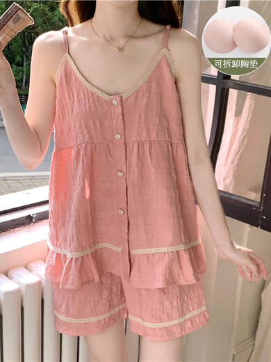 莫代尔带胸垫睡衣女夏季简约纯棉2025新款性感吊带家居服套装甜美可外穿 449_9904#吊带套杏色带胸垫 M