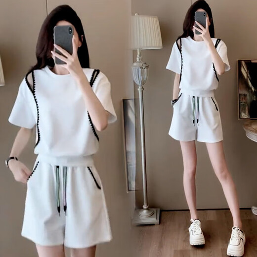 Hengyuanxiang Casual Sportswear Set für Frauen 2025 Sommer neuer Off-Shoulder-Kurzhülsen kleine Hochtülen-Shorts Zwei-teilige Set Black M [Vorgeschlagen 95-105jin [Jin entspricht 0,5 kg]]