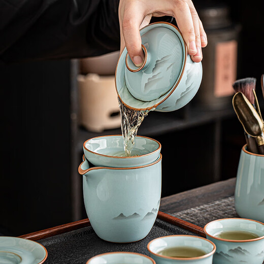 Porcelain brand tea set, official kiln ink and wash Guanshan tea set, complete set of high-end ceramic Kung Fu tea set, open piece can be used to grow teapot and bowl, ink and wash Guanshan lifting beam teapot and bowl, 8 cups, 13 pieces + tea tray