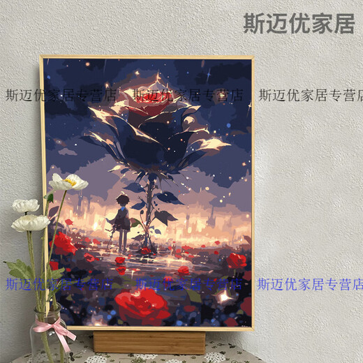 
Little Prince Mi Lan and Rose Digital Oil Painting Diy Filling Color Hand-painted Painting Cartoon Acrylic Oil Painting Decorative Painting qx14380 60*70cm Thick solid wood inner frame + exquisite outer frame (