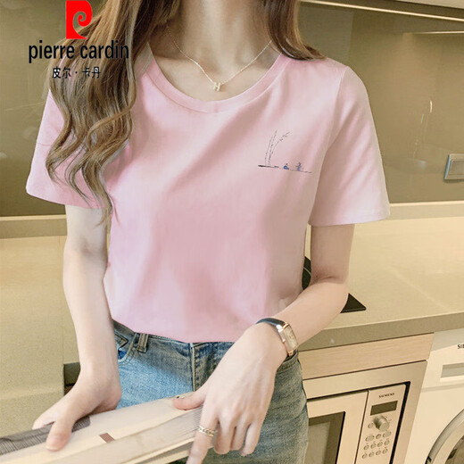 皮尔卡丹（pierre cardin）奶杏色正肩国风棉质短袖t恤女宽松基础体恤夏季2025年新款上衣针 6172烟熏紫 M (建议80-105斤)