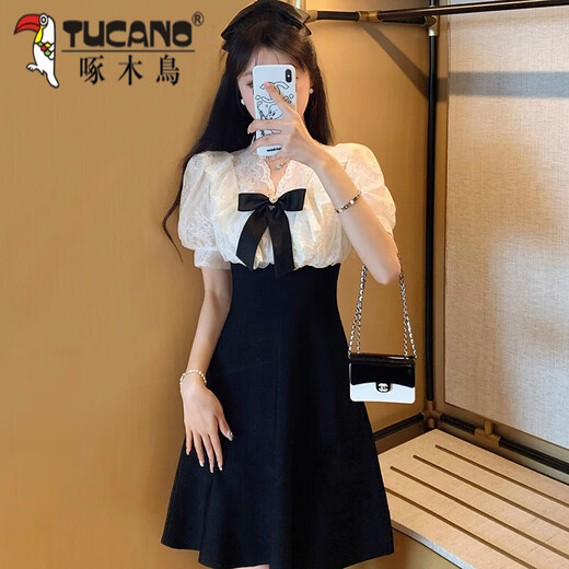 啄木鸟显瘦气质高端名媛连衣裙女装2025年夏装新款高级感甜美裙子小个子 黑色 2XL 130-145斤