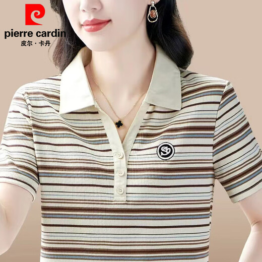 Pierre cardin fashionable mom M short-sleeved T-shirt 25 summer new casual top middle-aged women's fashionable age-reducing slimming base shirt 9926 brown M