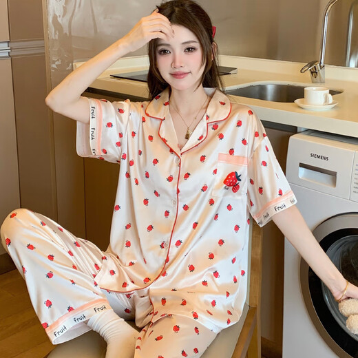 Cailei Kelai Pajamas de seda de hielo transfronterizo para mujeres Lindo estilo Summer NUEVO AL TITO DE NUEVO ALTO PITOS DE MANECHA CONTRA CONTRO CARA CASA SET YFY9905# M [sugerido 80-100Jin [Jin equivale a 0.5 kg]]