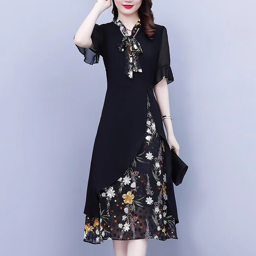 Homesee light luxury international high-end brand dress fake two-piece chiffon dress girl middle-aged mother dress style dress covers belly black L
