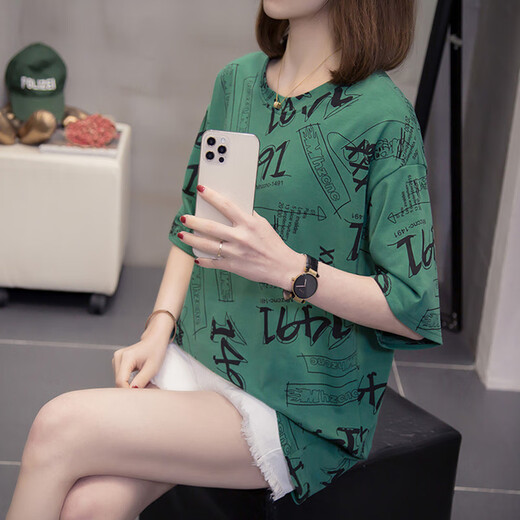 Spechts-Sommeranzug plus Größe Fett Frauen reines Baumwoll kurzärmeliges T-Shirt für Frauen 200 Jin [Jin ist gleich 0,5 kg] schlank und vielseitig Fett MM Bauchabdeckung Top für Frauen 6626 Grün 6626 Grün M 80-95 Jin [Jin gleich 0,5 kg]