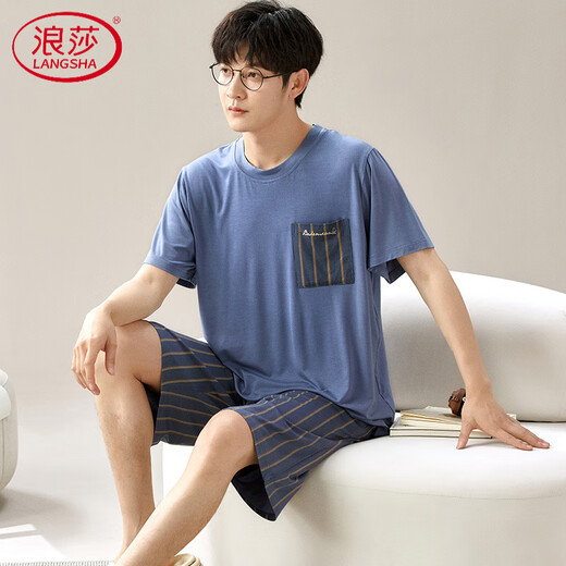 浪莎（LangSha）莫代尔睡衣男夏短袖长裤薄款棉绸家居服男款夏天加肥大码冰丝套装 6624 4XL