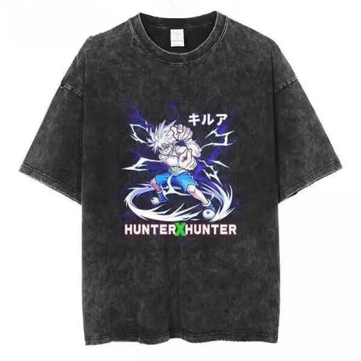 玖维娅夏季嘻哈街头棉T恤水洗复古日本动漫全职猎人Hunter x Hunter潮 B1343水洗黑 S