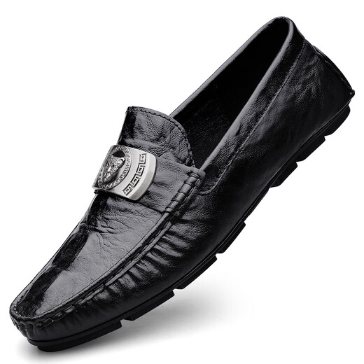 Fhhuabd Krokodilmuster echte Lederbohnenschuhe für Männer neue lässige atmungsaktive einbeinige Fahrrad-Lederschuhe 15888 Schwarz 38