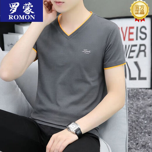 罗蒙（ROMON）男士男装2025新款领青年短袖t恤薄款韩版休闲半袖上衣t恤衫打底衫 白色 691 M 90-100斤