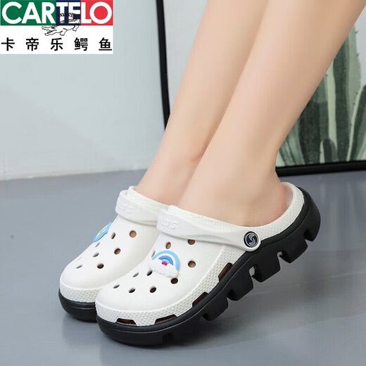 卡帝乐鳄鱼踩屎感洞洞鞋女夏季外穿网红新款沙滩厚底可爱仙女风包头半拖凉鞋 739白色+蓝色小鸟 38