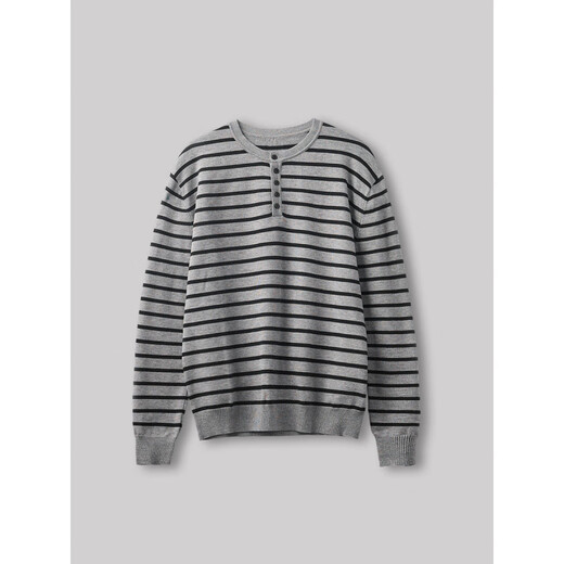 2025 New Men's Bottoming Sweater Korean Style Loose Henley Collar Contrast Color Striped Long Sleeve Sweater Dark Gray 2XL