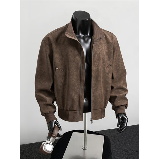 Jufeng Maillard PU leather bomber jacket men's high-end handsome short coat American retro stand-up collar baseball uniform brown XL