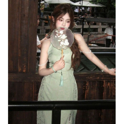 Zhenxiqi new Chinese style national style cool feeling green improved cheongsam sexy style thousands of beautiful halterneck dress women summer turquoise L