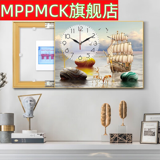 MPPMCK Nordic Light Luxury Meter Box Dekorative Gemälde mit Uhr neuer Stil Schwacher Strom Box Blockinguhr ohne Stanzschalter Hanges Malmale Frischgrüne Pflanze 15099 50*40 kann 40*30 rechter Druck und Ziehen aufnehmen