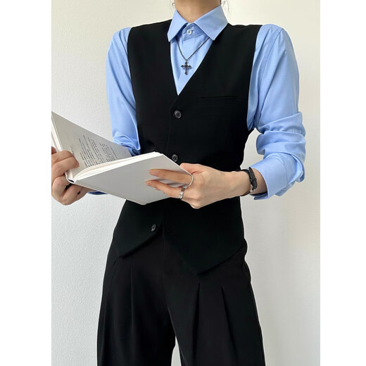 炯野JIONGYE黑色西服马甲设计感学院风痞帅男女中性风修身背心西服马夹潮 黑色西装马甲 S